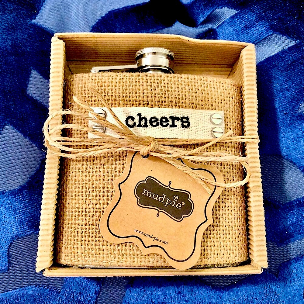 New In Box Mud Pie Burlap “Cheers” Flask!